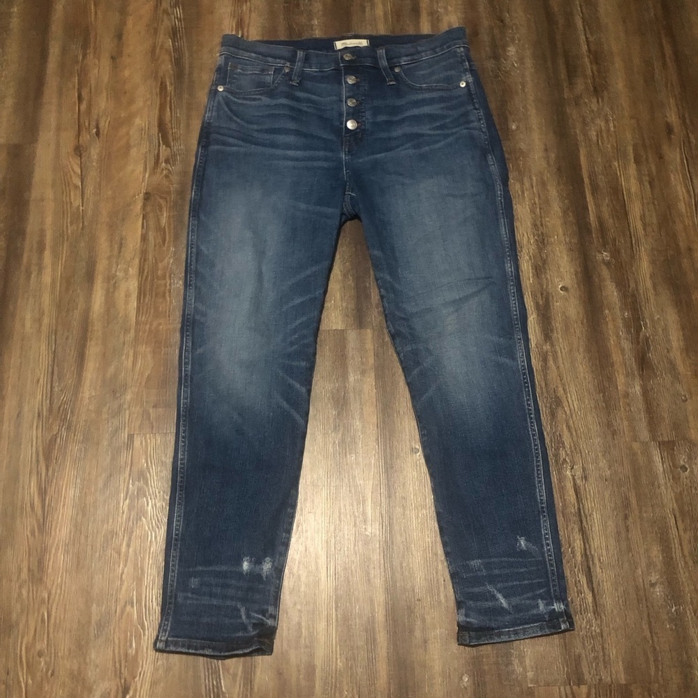 Madewell Slim Straight Jeans Women's 31 High Rise Distressed Button Front Denim